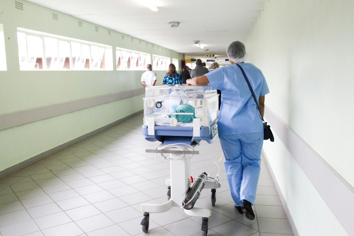 Medical equipment in a hospital hallway
