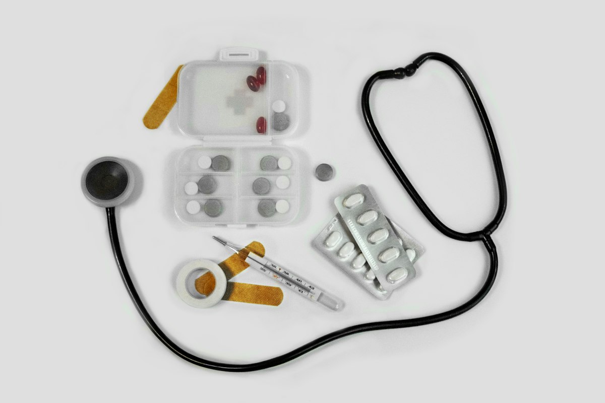 Stethoscope, pill organizer and thermometer